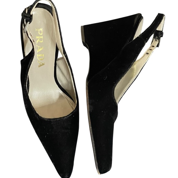 Prada Black velvet Slingback wedge Heels size 35.5(5.5) - Picture 8 of 12